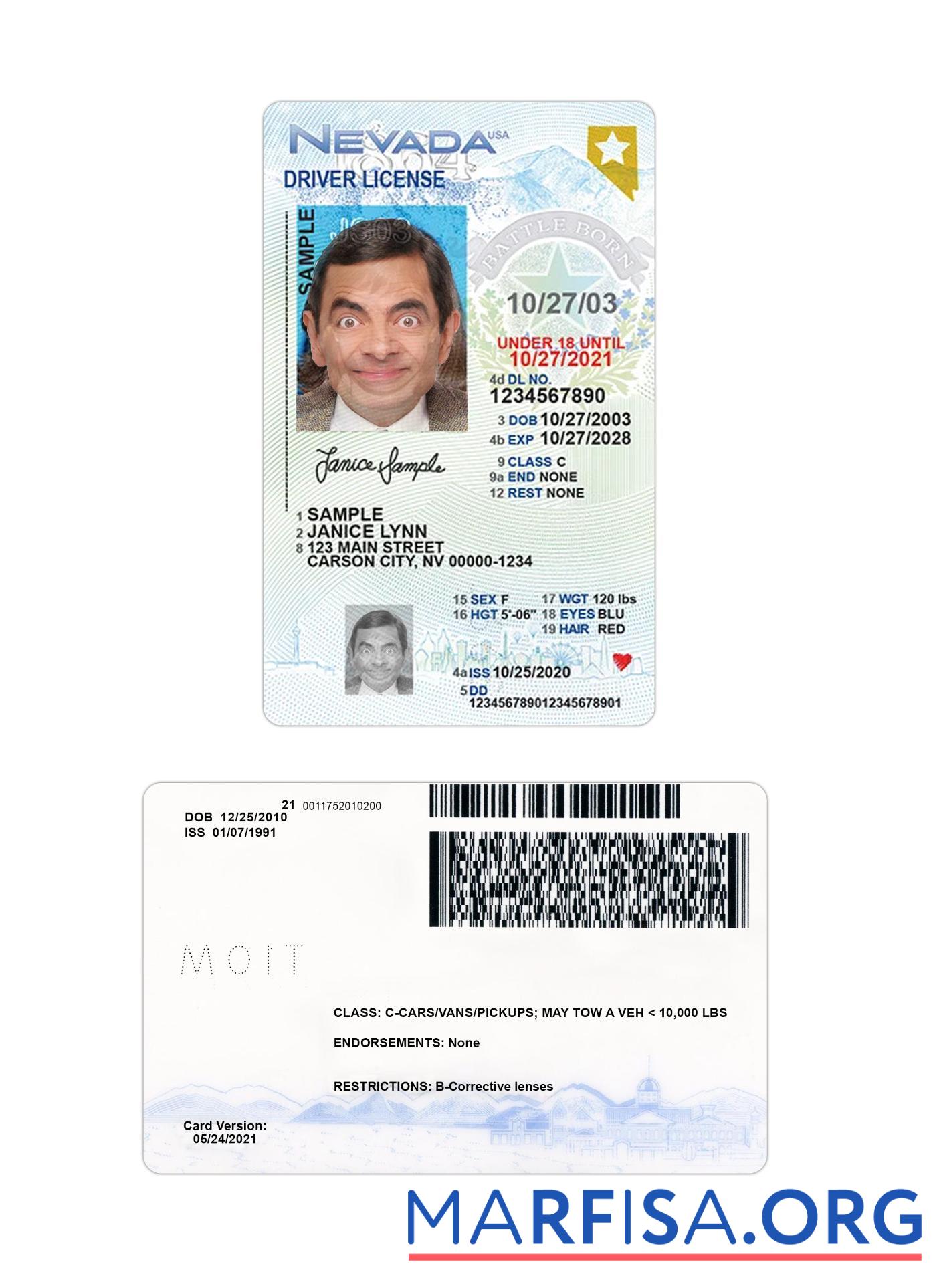 Blank USA Nevada under 21 driving license example